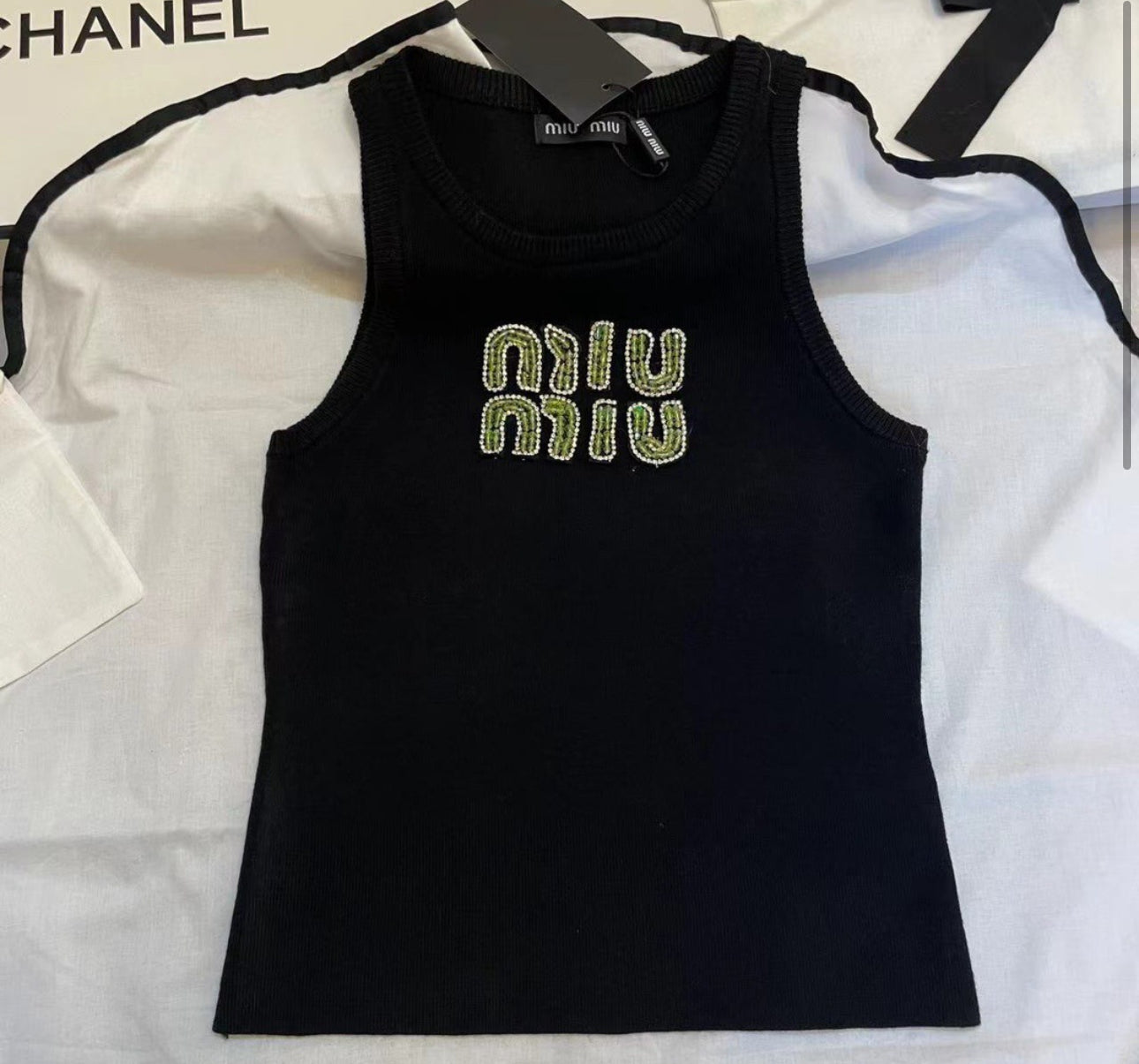 MIU  GREEN LETTERS TANK TOP
